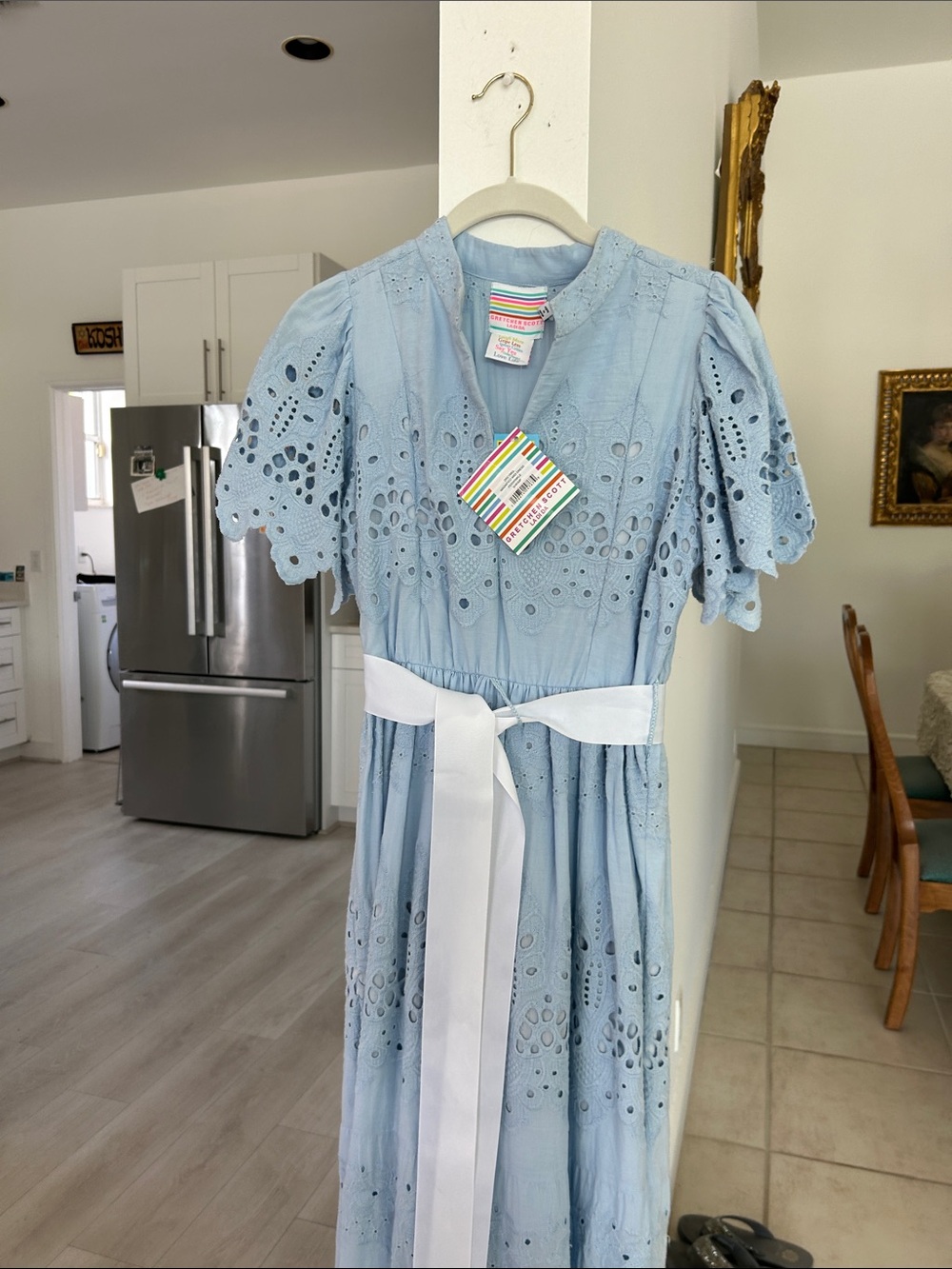 Gretchen Scott Designs Powder Blue Eyelet Dress with White Sash